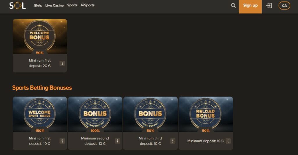Best welcome bonus in Canada for first deposit, free spins and more biggest bonuses at Sol Casino